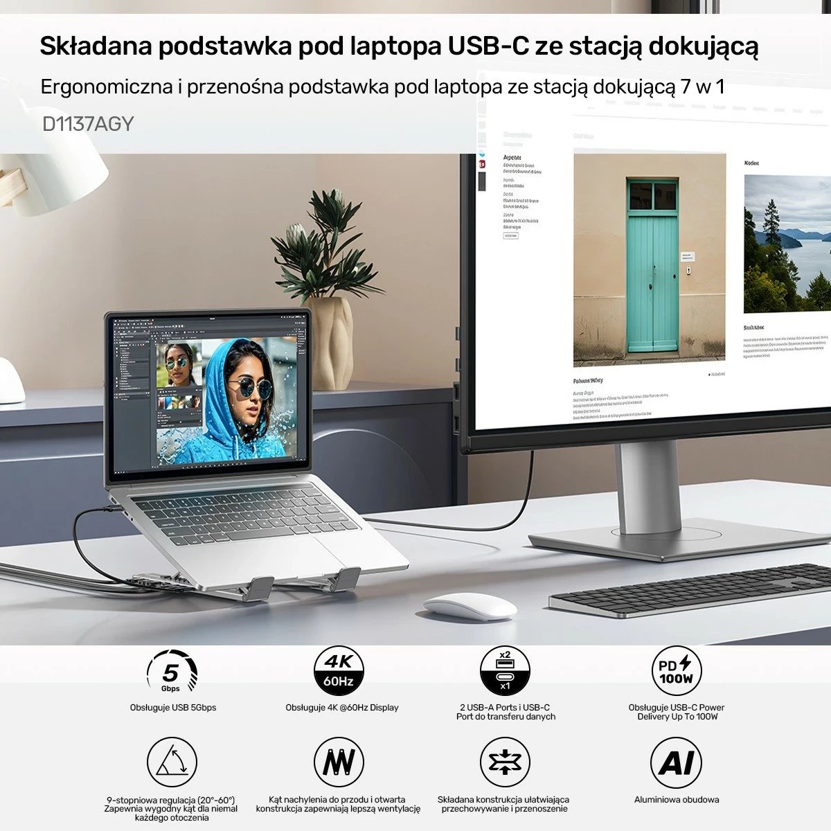 Kasë laptopi Unitek, me hub HDMI/PD/SD, e rregullueshme, ngjyrë argjendtë