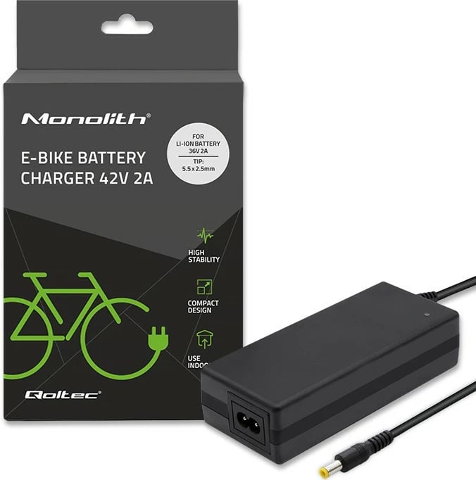 Karikues për biçikletë elektrike Qoltec 50761, 42V, 2A, 5.5x2.5mm, i zi