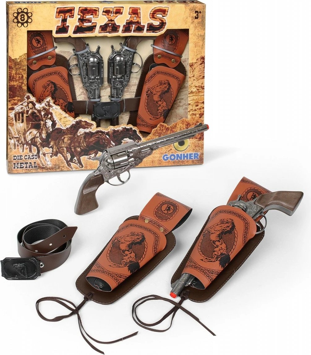 Set cowboy me 2 revolverë metalikë Pulio Gonher, me kabura dhe 8 naboi, Kafe/Argjend