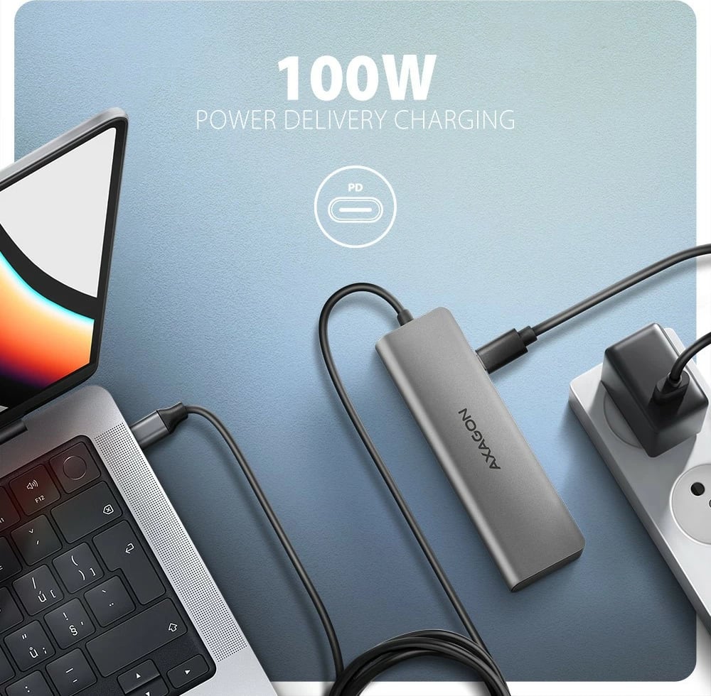 Hub USB-C AXAGON HMC-5H 5-në-1, 3x USB-A, HDMI 4K, Power Delivery 100W, 100cm, Gri