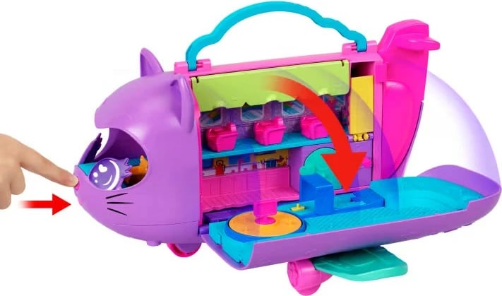 Set lodrash Polly Pocket Cat Plane me 2 figurina dhe 19 aksesorë, shumëngjyrësh