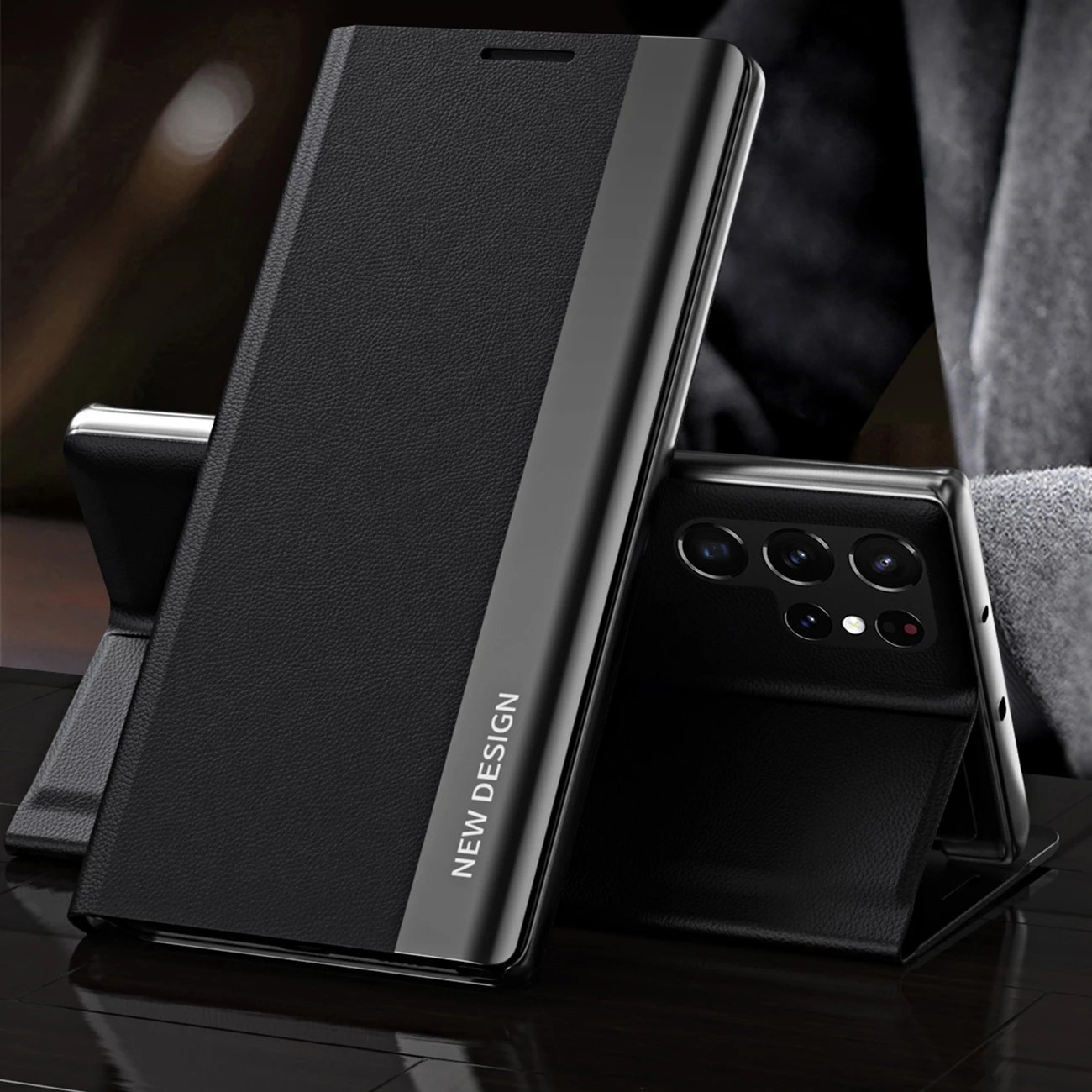 Mbështjellës Hurtel Sleep Case Pro për Samsung Galaxy S25 Ultra, me kapak dhe qëndrim, i zi