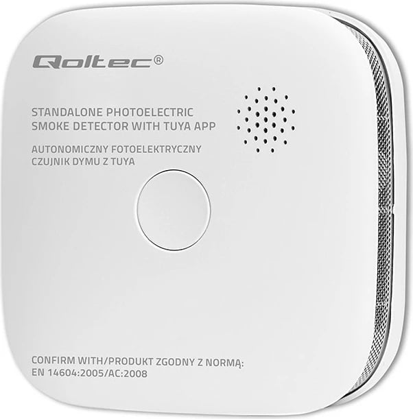 Detektor tymi smart Qoltec 52579, Wi‑Fi Tuya, alarm 85 dB, LED, me bateri CR123A 3V, i bardhë