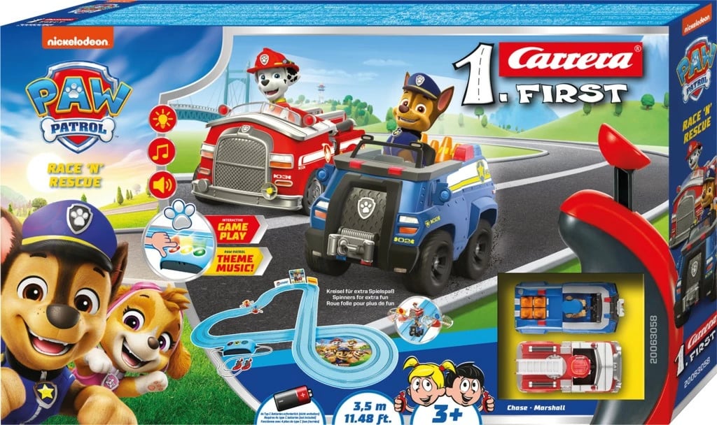 Set pistë gare Carrera First Paw Patrol Race N Rescue Track 3.5m, me Chase dhe Marshall, shumëngjyrësh