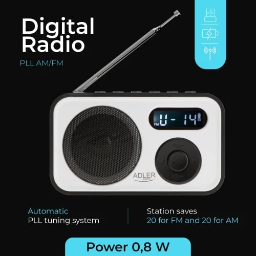 radio digjitale PLL AM/FM Adler AD 1906, LCD, 20+20 memorje, USB‑C, dalje kufje 3.5 mm, 0.8 W, bardh e zi