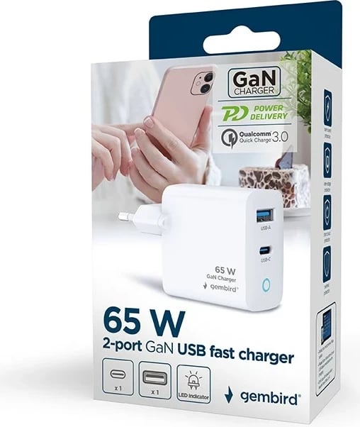 Karikues universal Gembird TA-UC-PDQC65L-W-01, 65W, 2 porta USB, i bardhë