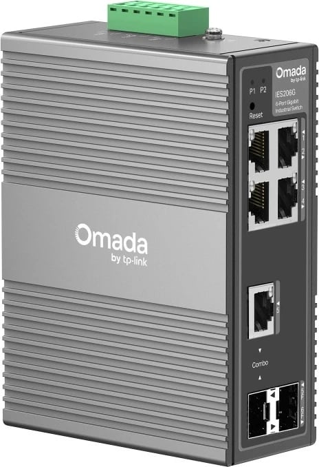 Switch industrial TP-Link Omada IES206G, 6 porta Gigabit (4x RJ45, 1x RJ45/SFP Combo, 1x SFP), IP40, -40~75°C, menaxhim i lehtë Omada, montim DIN/mur