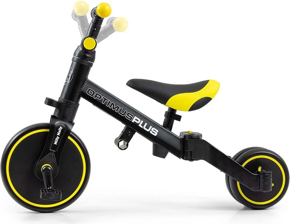 Tricikel 4n1 me shufër drejtimi, Milly Mally Optimus Plus, rrota EVA, kornizë çeliku, për 12m+, deri 25 kg, e zezë