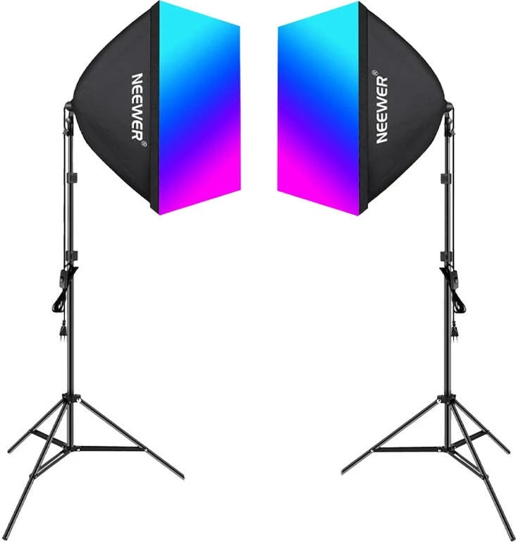 Set ndriçimi studio Neewer NK800, 2 softbox, 2 llamba LED RGB 24W, stativa, barndoors, me çantë