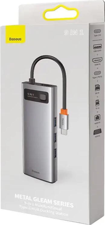 Kasë Baseus Metal Gleam Series CAHUB-CU0G 9-në-1, USB-C, HDMI, VGA, Ethernet, Gri