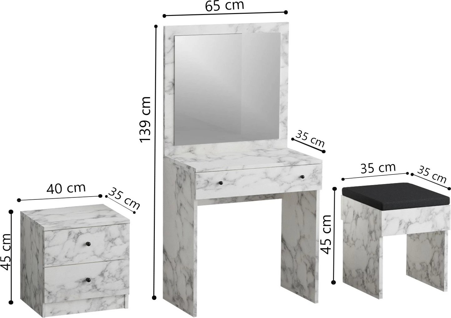 Tavolinë grimi me komodinë e karrige, ngjyrë Carrara Marble, Hanah Home, Nice