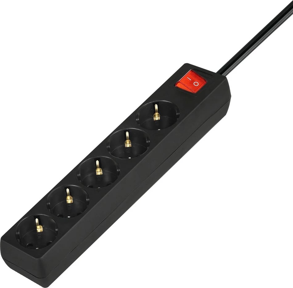 Zgjatës elektrik shumëprizë, Savio, LZ-15, 5 dalje Schuko, kabllo 5 m, 2500 W 10 A, me switch, mbrojtje mbingarkesë/mbinxehje, e zezë