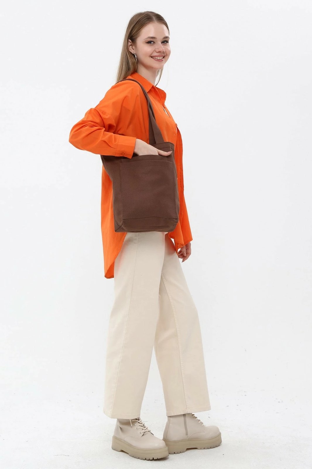 Çantë tote gabardinë, ngjyrë kafe e errët, Zoozie Bags, 33x45x10cm