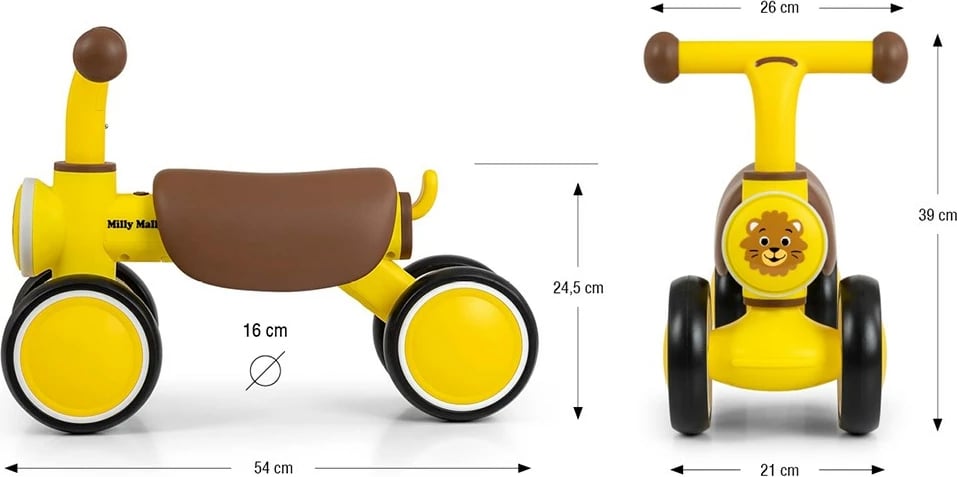 biçikletë pa pedale fëmijësh Milly Mally York 4 rrota LED dhe tinguj 12-36 muaj e verdhë