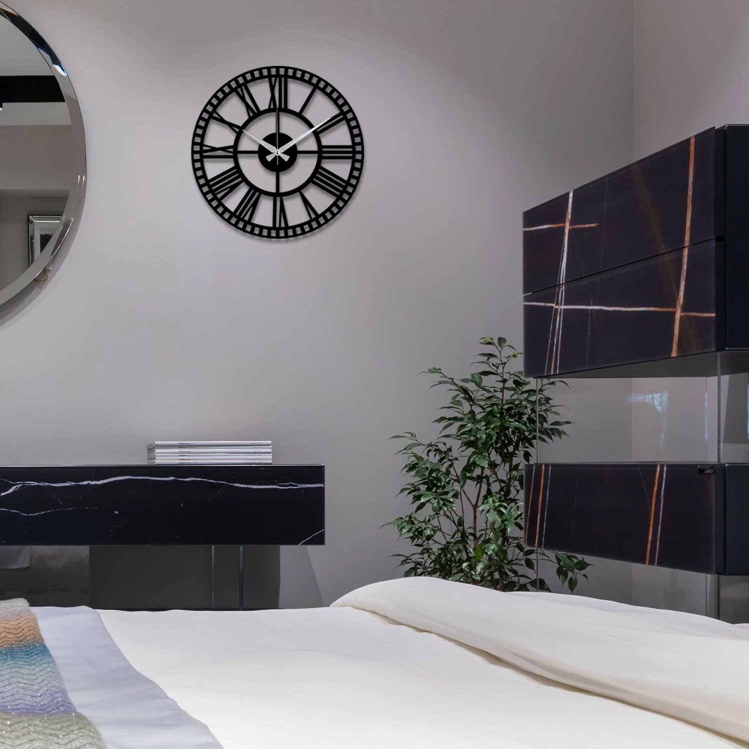 Orë muri dekorative prej metali, Wallity Enzoclock - S004, ngjyrë e zezë, 48x48cm