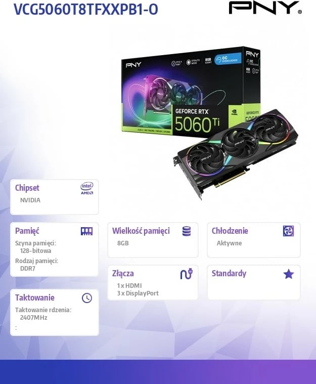 Kartë grafike PNY GeForce RTX 5060 Ti, 8GB DDR7, ARGB, OC, PCI-E 5.0, e zezë