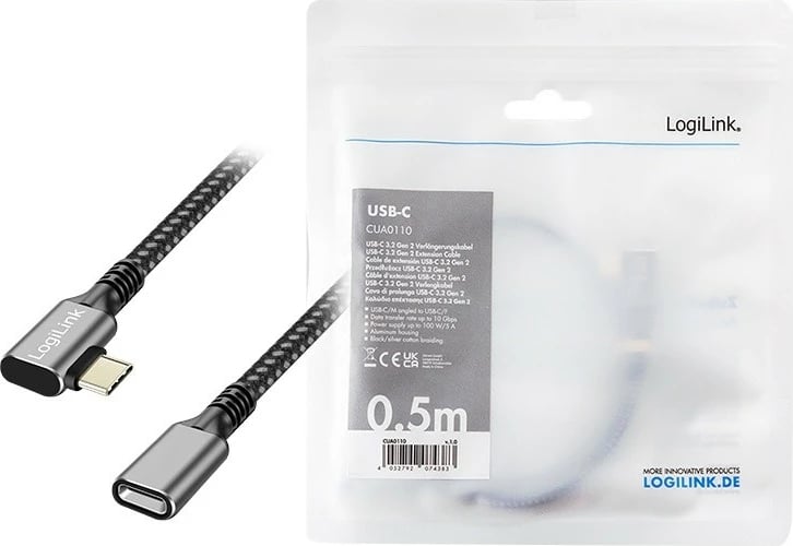 Kabllo zgjatës USB-C LogiLink CUA0110, 0.5m, kënd 90°, Power Delivery, e zezë