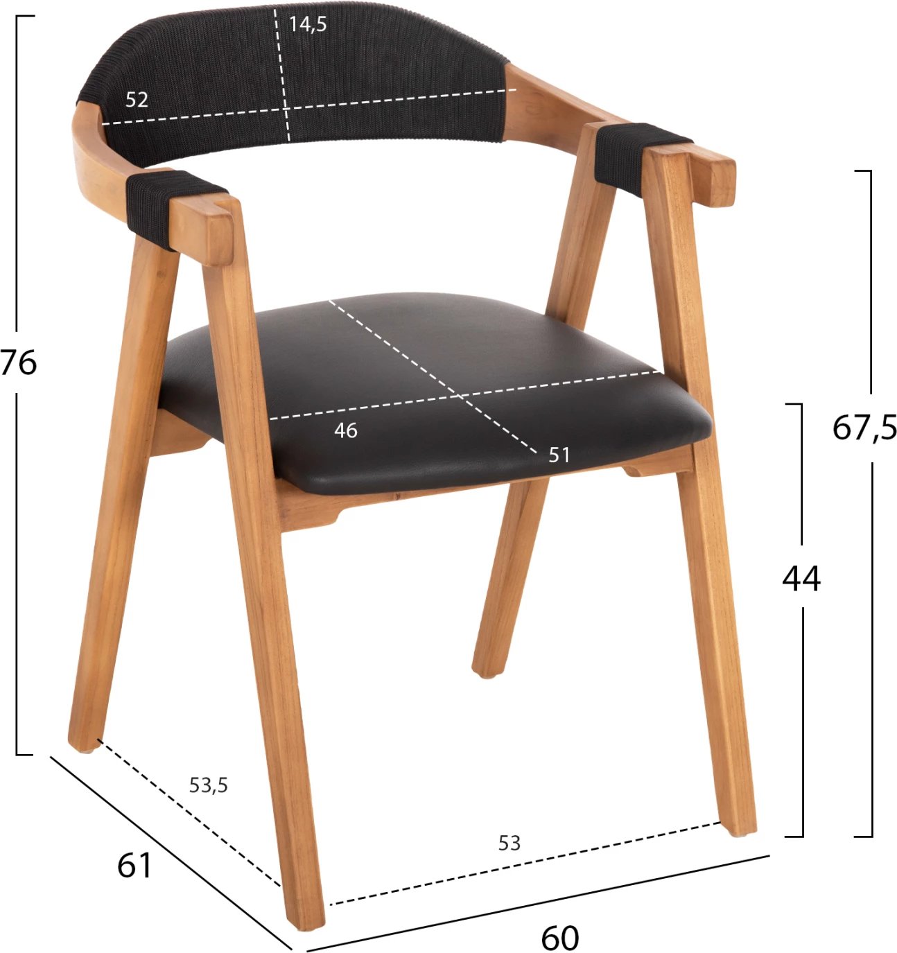 Karrige ngrënieje RIMINI FH9867.02 dru TEAK ngjyrë natyrale-me litar të zi & ndenjëse PU 60x61x76Hcm
