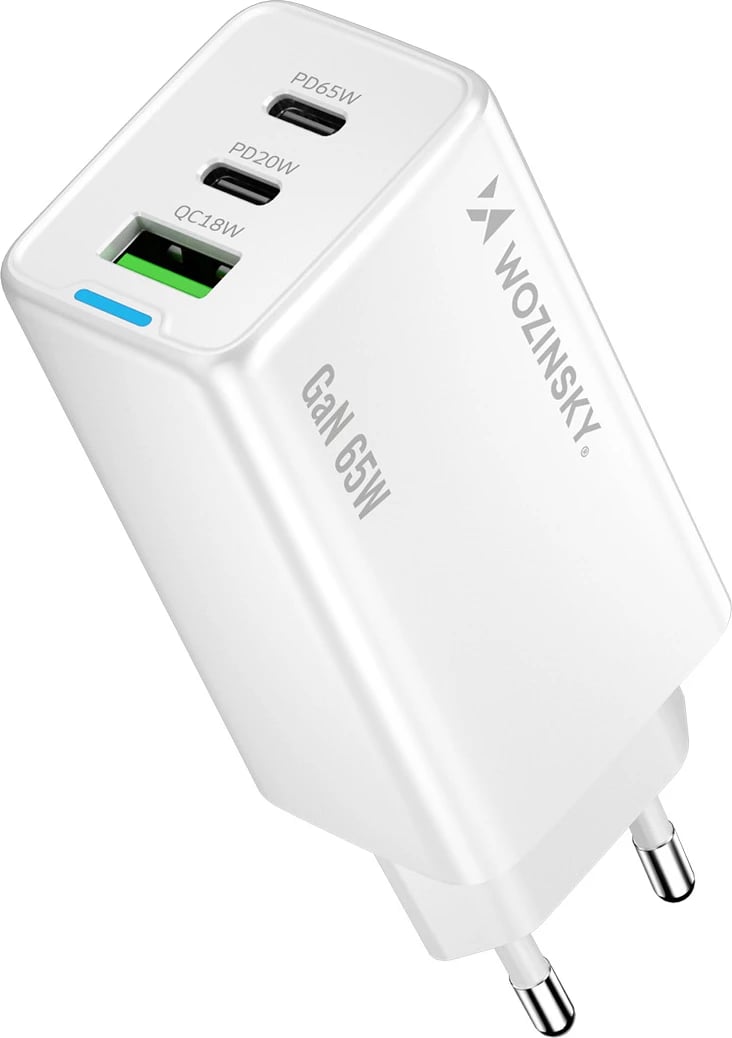 Karikues muri GaN 65W, Wozinsky WDCCBC, 2x USB-C + USB-A, PD/QC, prizë EU, me kabllo USB-C 65W 1m, i bardhë