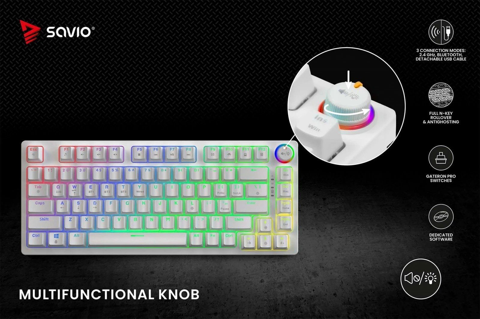Tastierë mekanike wireless Savio PHENIX WHITE GAT RED, 82 tasta, RGB, e bardhë