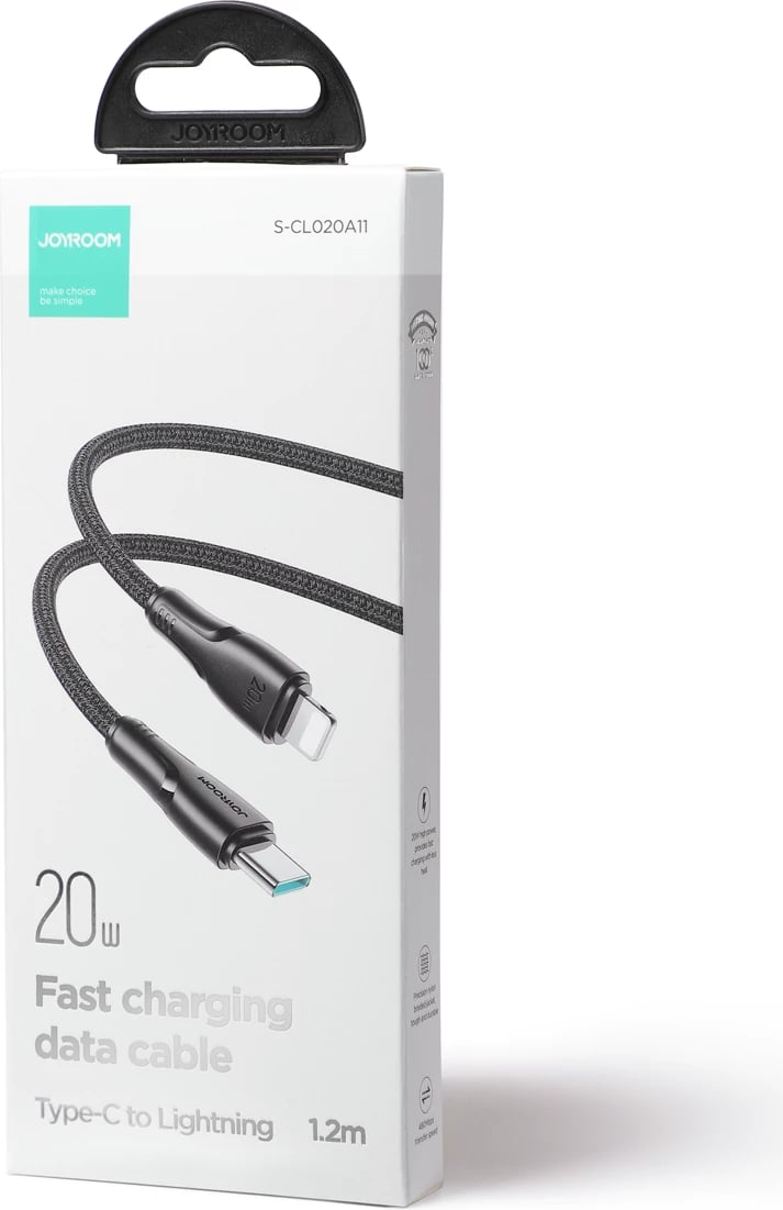 Kabllo USB-C në Lightning, Joyroom, Surpass Series A11 S-CL020A11B, 1.2 m, 20 W, USB 2.0 480 Mbps, gërshet najloni, e zezë Kabllo USB-C në Lightning, Joyroom, Surpass Series A11 S-CL020A11B, 1.2 m, 20 W, USB 2.0 480 Mbps, gërshet najloni, e zezë