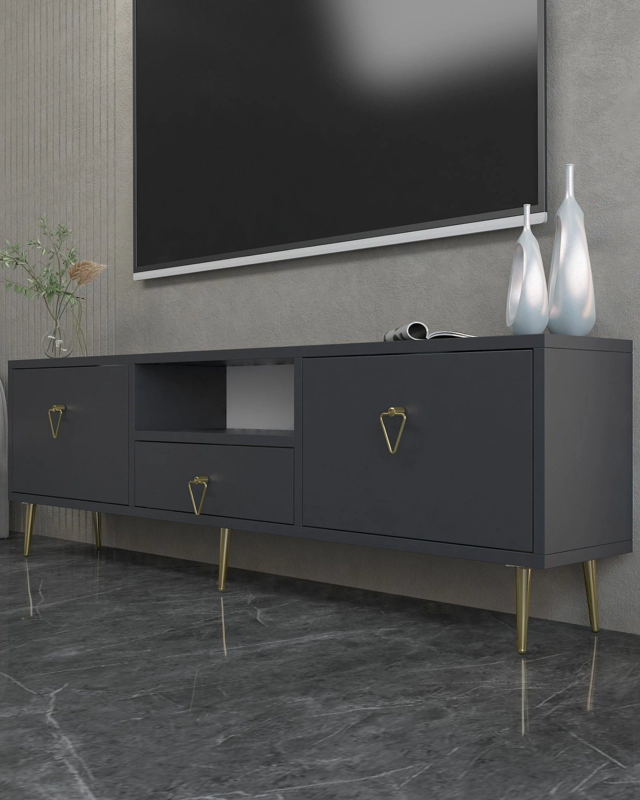 Komodë për TV, ngjyrë antracit dhe ari, Skye Decor, 1306-DROP-1