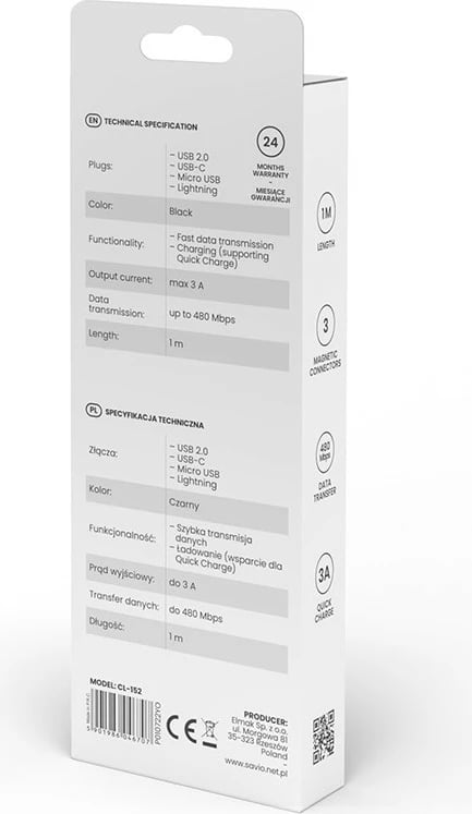 Kabllo magnetik USB Savio CL-152, 1m, 3 konektorë (Type-C, Micro, Lightning), Zi