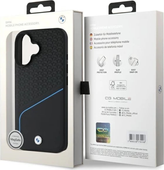 Mbështjellës BMW Sign Leather Textured And Line MagSafe për iPhone 16, Lëkurë, Zi