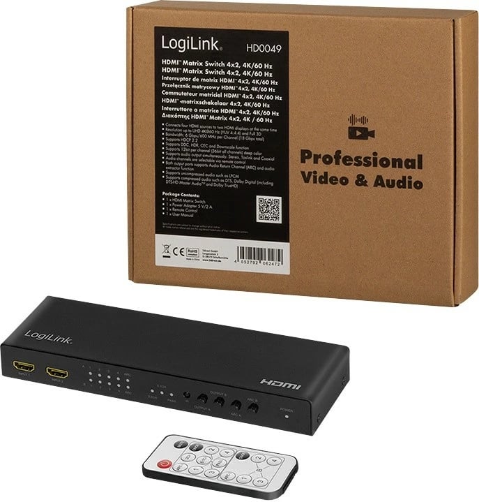 Switch LogiLink HD0049 HDMI 4x2, 4K 60Hz, me telekomandë, Zi