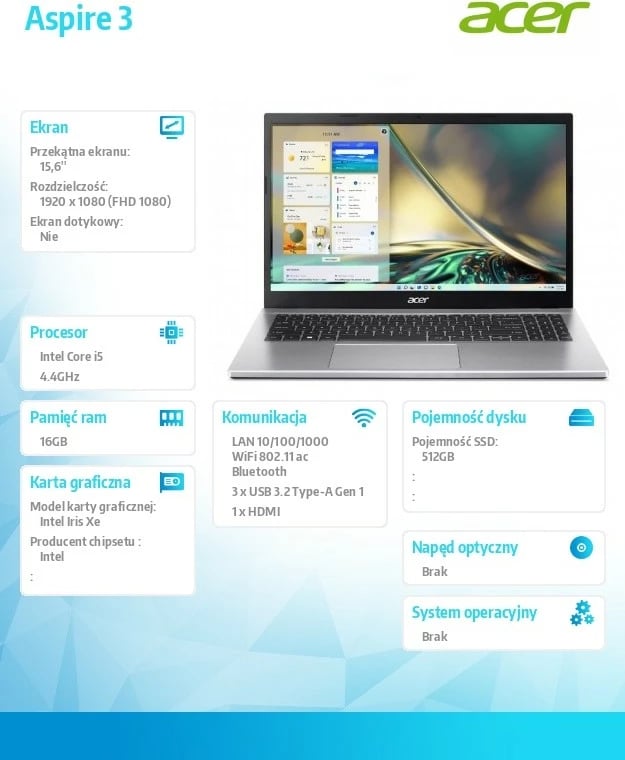 Laptop Acer Aspire 3 i5-1235U 15.6'' FHD 16GB RAM Memorje DDR4 512GB SSD pa sistem operativ Silver