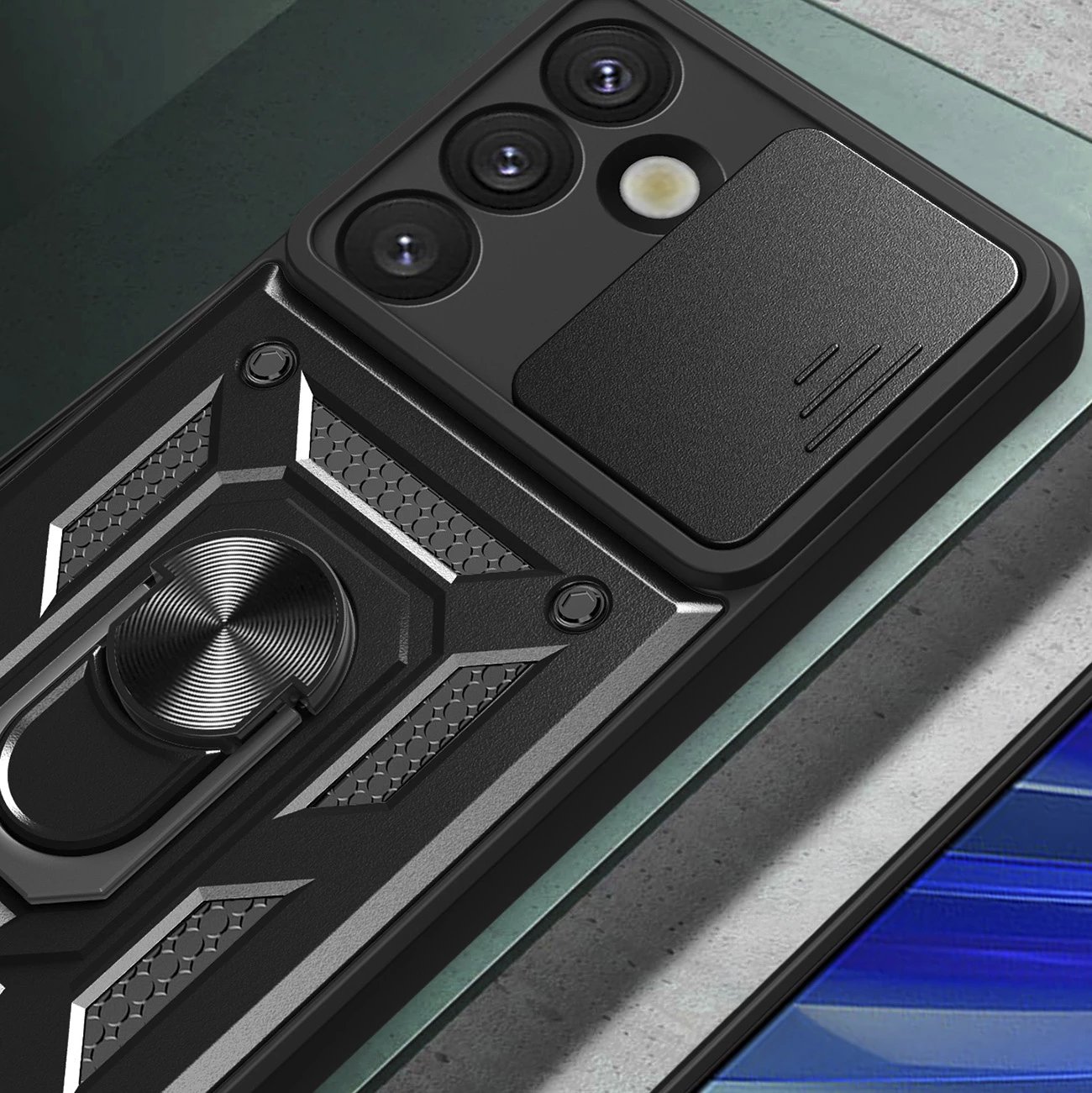 Mbështjellës Hurtel Hybrid Armor Camshield me kapak kamere dhe unazë metalike për Samsung Galaxy S25, Zi