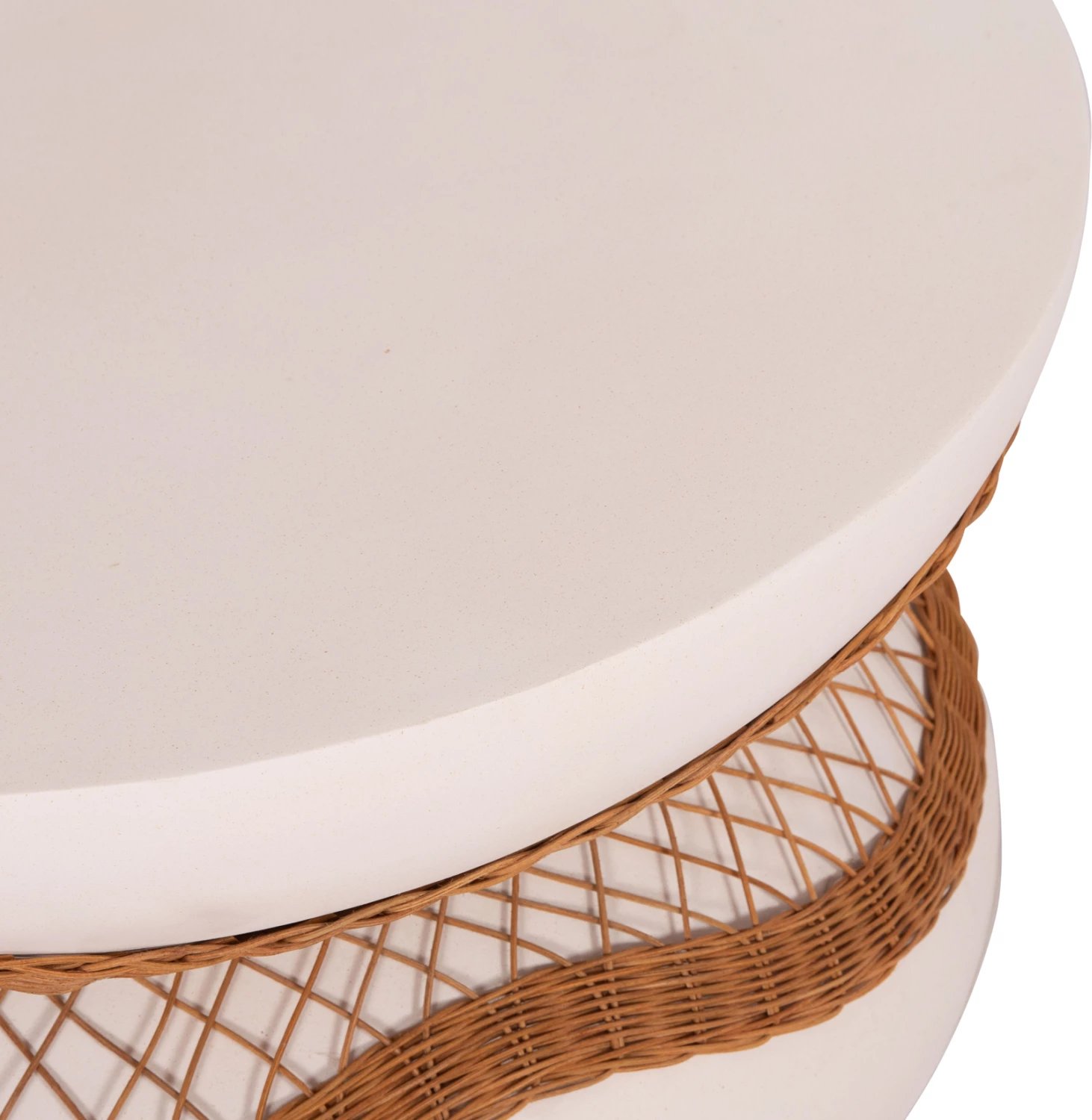 Tavolinë kafeje rrethore ANNA, çimento fiber e bardhë, ratan natyral, FH18157.02, 92x44.5cm