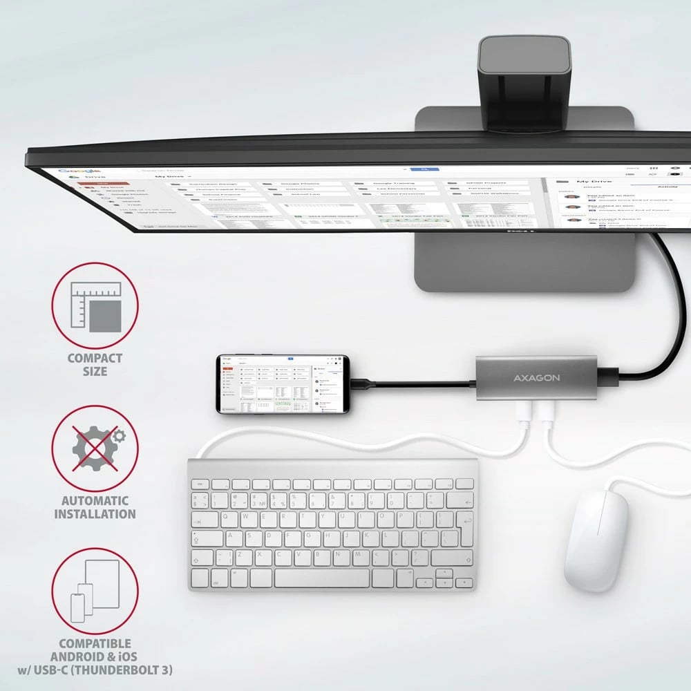 Kasë AXAGON HMC-5G21, Multiport USB Hub 5in1, 10Gbps, 2x USB-A + 2x USB-C + HDMI 4K/30Hz, PD 60W, Gri