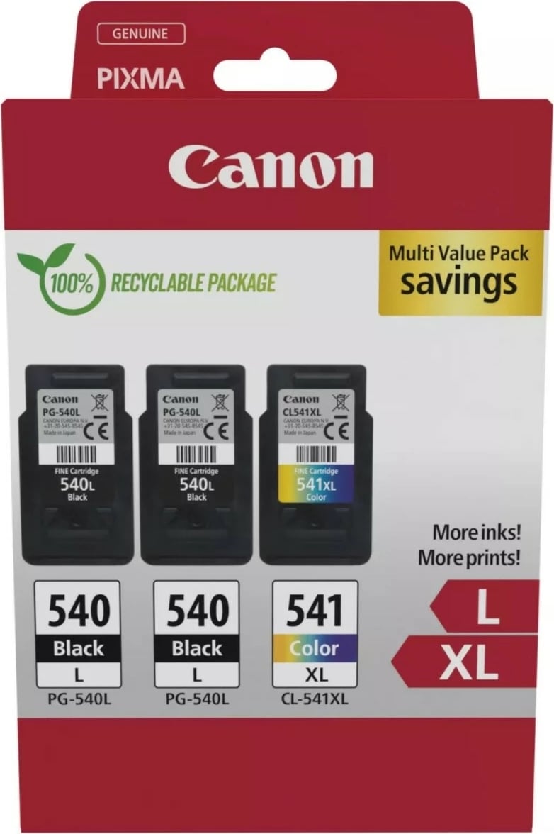 Kartrixh boje, Canon, PG-540L / CL-541XL 5224B015, 11 ml + 15 ml, rendiment 300/400 faqe, zezë + shumëngjyrësh, set 3 copë (2x PG-540L + 1x CL-541XL)