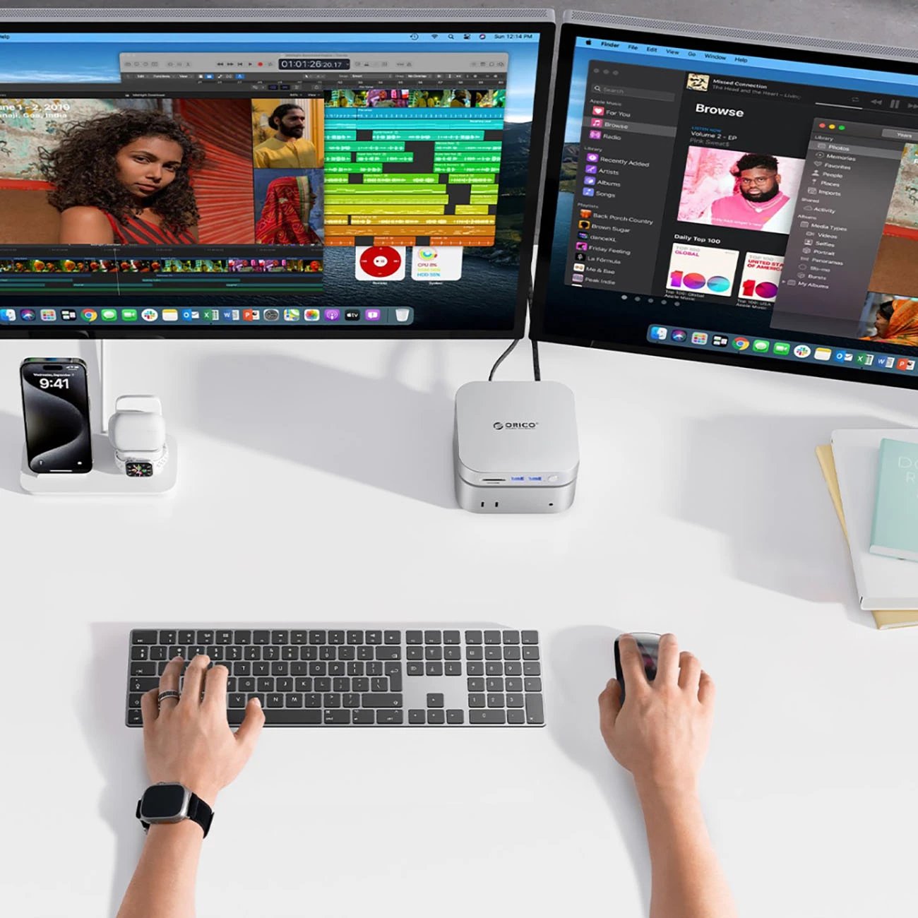 Docking station, Orico MiniLink, 9-në-1 me bay M.2 SSD NVMe, USB-C, për Mac mini/PC, argjendtë