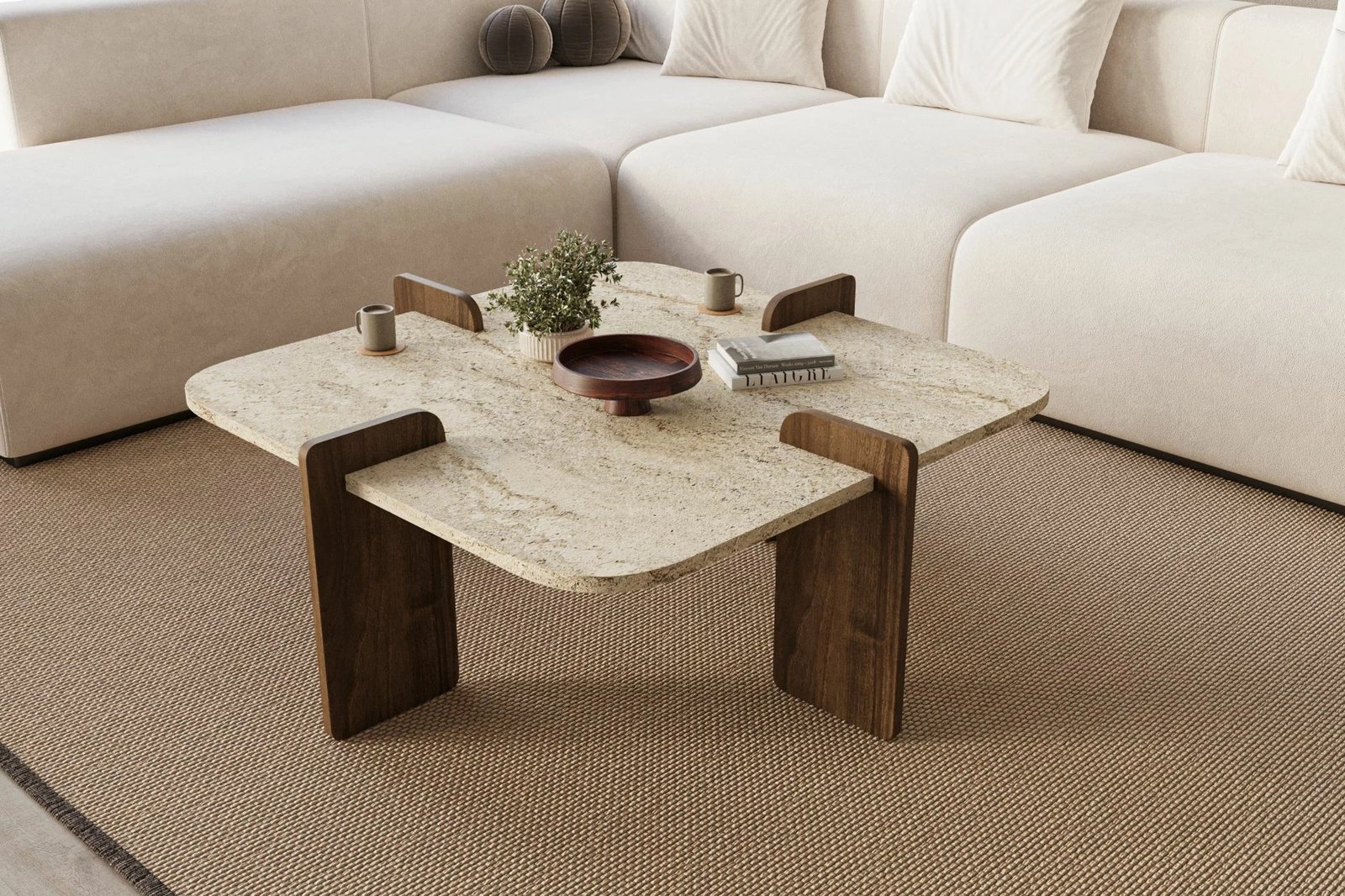 Tavolinë kafeje Skye Decor, Poalla, travertin, dru arre