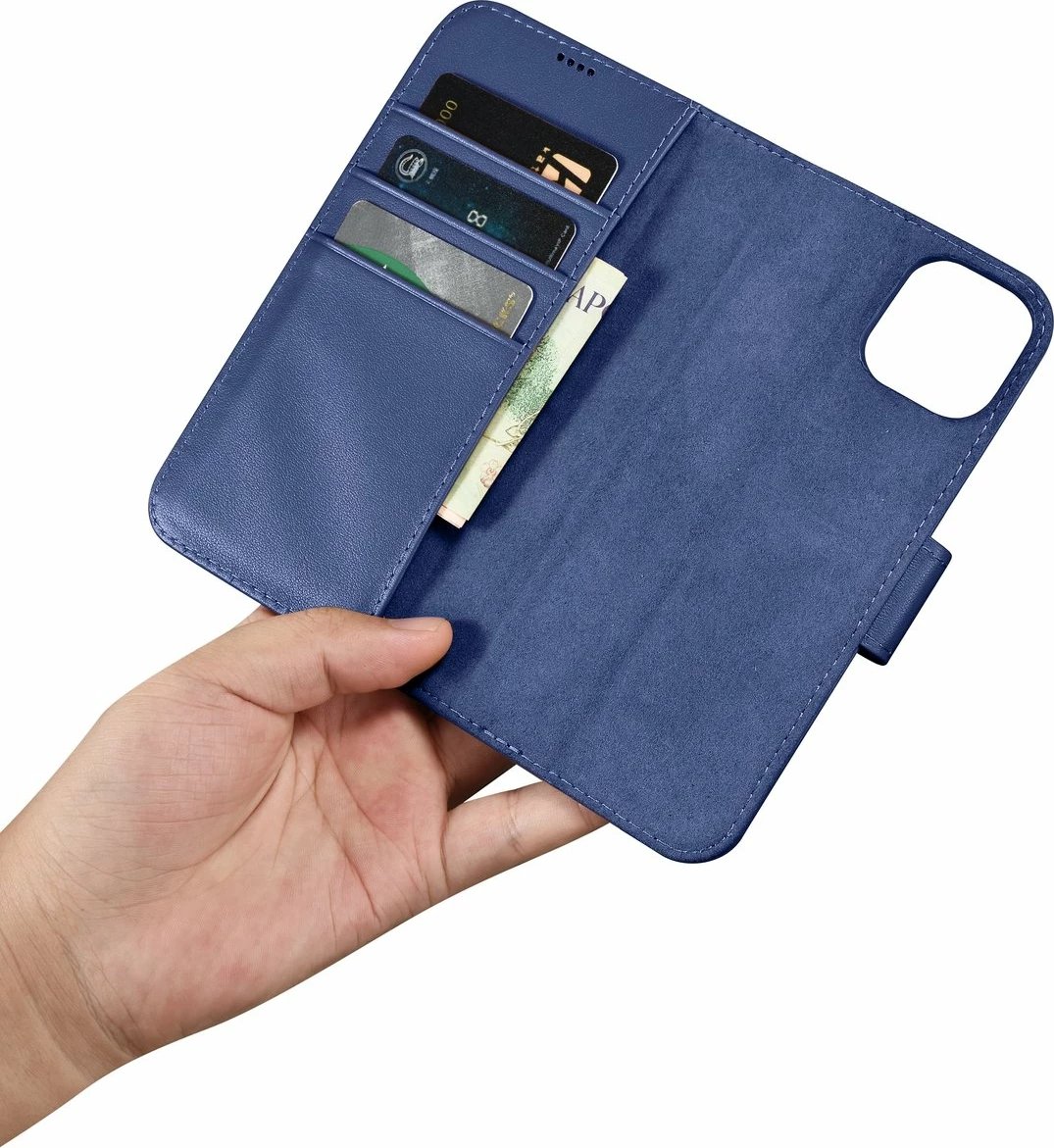 Mbështjellës iCarer Wallet Case 2in1 për iPhone 14, lëkurë natyrale, Anti-RFID, Blu