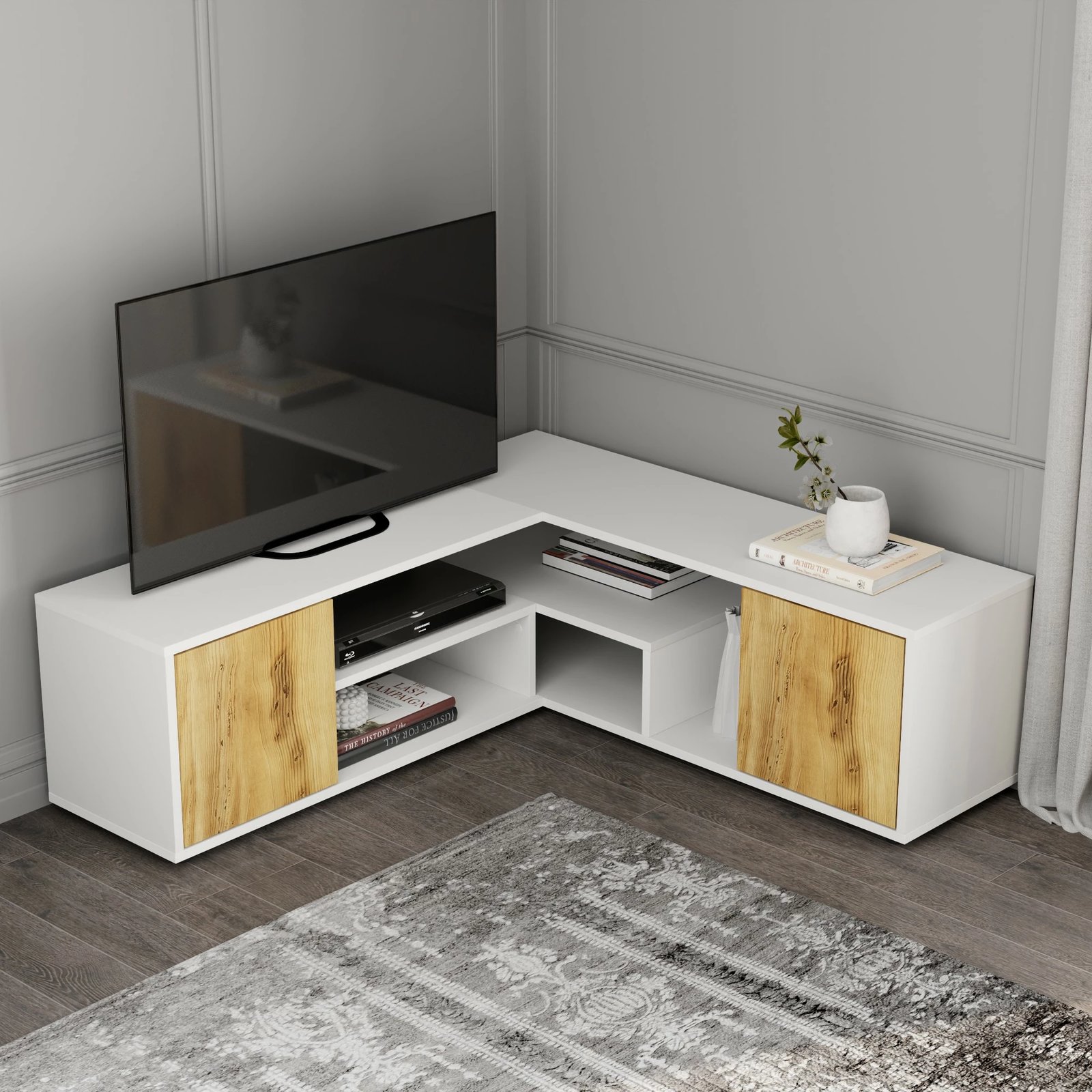 Komodë për TV Skye Decor, ngjyrë e bardhë dhe lis