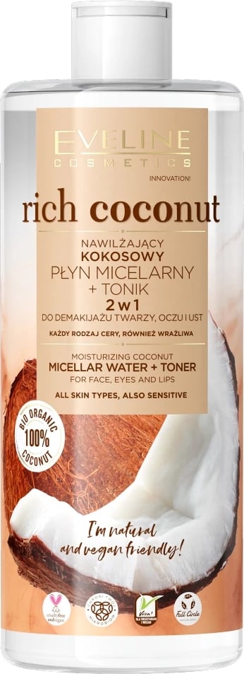 Ujë micelar dhe tonik për femra Eveline Cosmetics Rich Coconut 2-in-1, 500ml