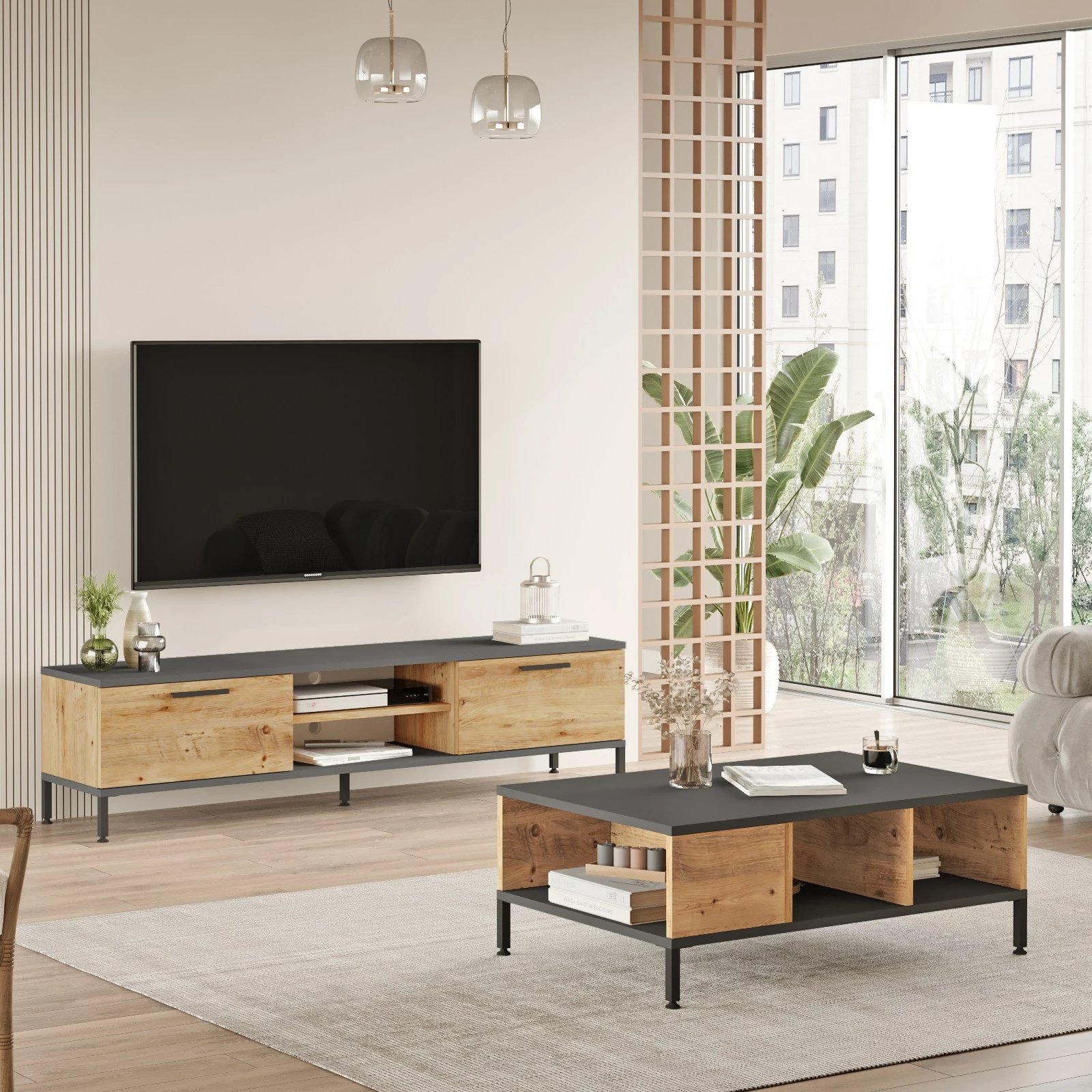 Set mobiljesh për dhomë dite Hanah Home, Rl5-Aa, ngjyrë Atlantic Pine dhe Antracit