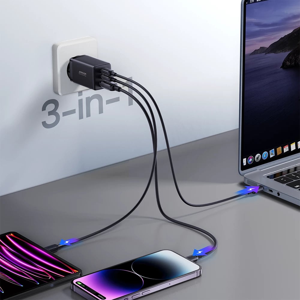 Karikues i shpejtë GaN Joyroom TCG01, 65W, 2x USB-C & 1x USB-A, me kabllo USB-C në USB-C 100W, i zi