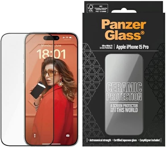 Mbrojtës ekrani qeramik PanzerGlass për iPhone 15 Pro me pozicionues, transparent