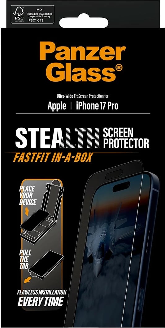 Mbrojtës ekrani PanzerGlass Stealth për iPhone 17 Pro, ultra-wide fit, kornizë e zezë