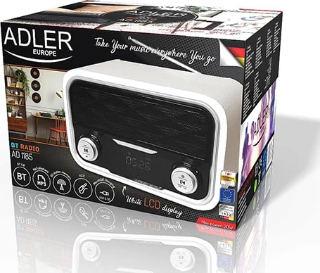 Radio Bluetooth Adler AD 1185, FM, USB/SD/AUX, stereo 2x5W, bateri 1800 mAh, me orë, e bardhë