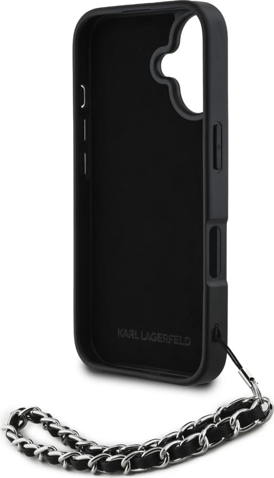 Mbështjellës Karl Lagerfeld Saffiano Crystals me zinxhir për iPhone 16, i zi