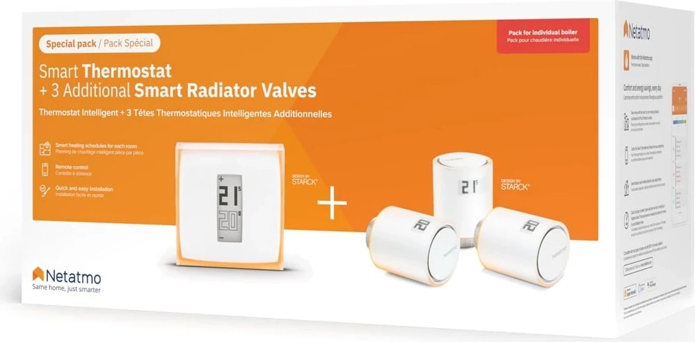 Set termostat i mençur Netatmo me 3 valvula të mençura për radiator, i bardhë