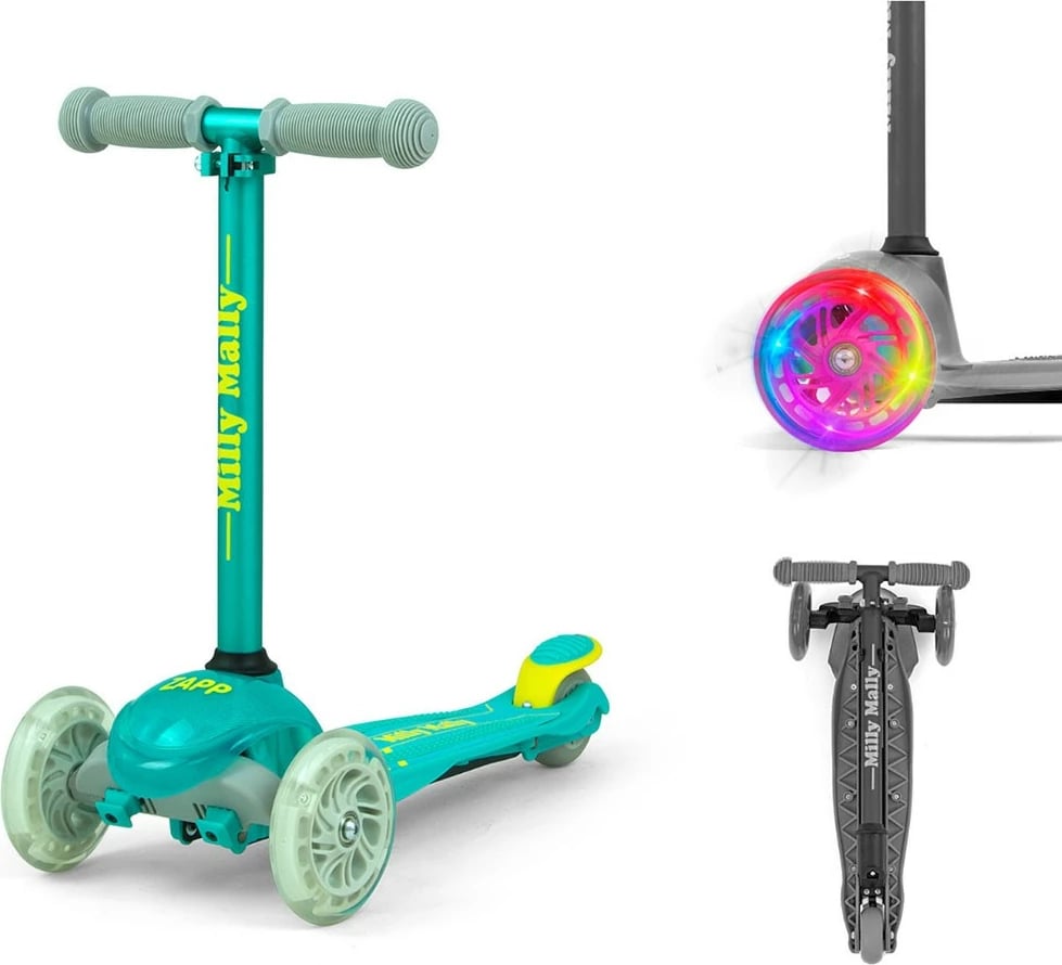 Skuter për fëmijë, Milly Mally Zapp, 3 rrota, timon i rregullueshëm 61-66 cm, drita në rrota, deri 50 kg, mentë