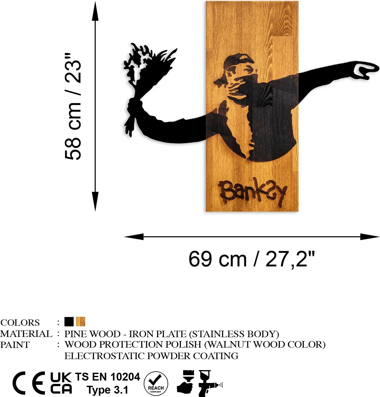 Aksesor dekorativ për mur, dru natyral, Banksy - Flower Thrower, ngjyrë arre, e zezë