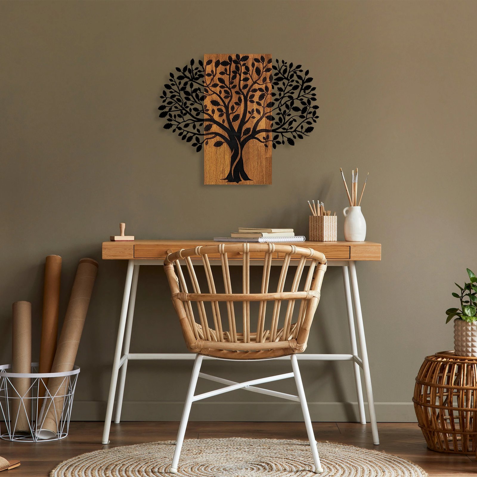 Aksesor dekorativ prej druri për mur, Wallity, Pema Magjike - 378, ngjyrë arre dhe e zezë, 58x73cm