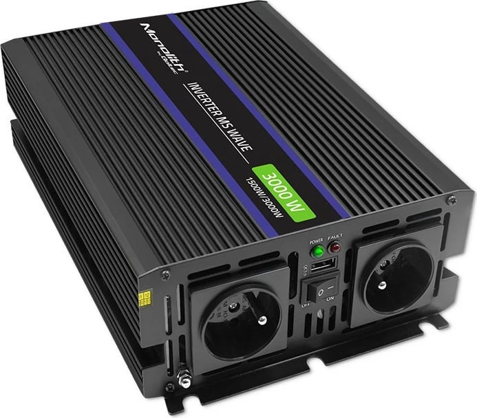 Konvertues voltazhi Qoltec Monolith 3000 MS Wave, 12V në 230V, 1500/3000W, USB, Zi